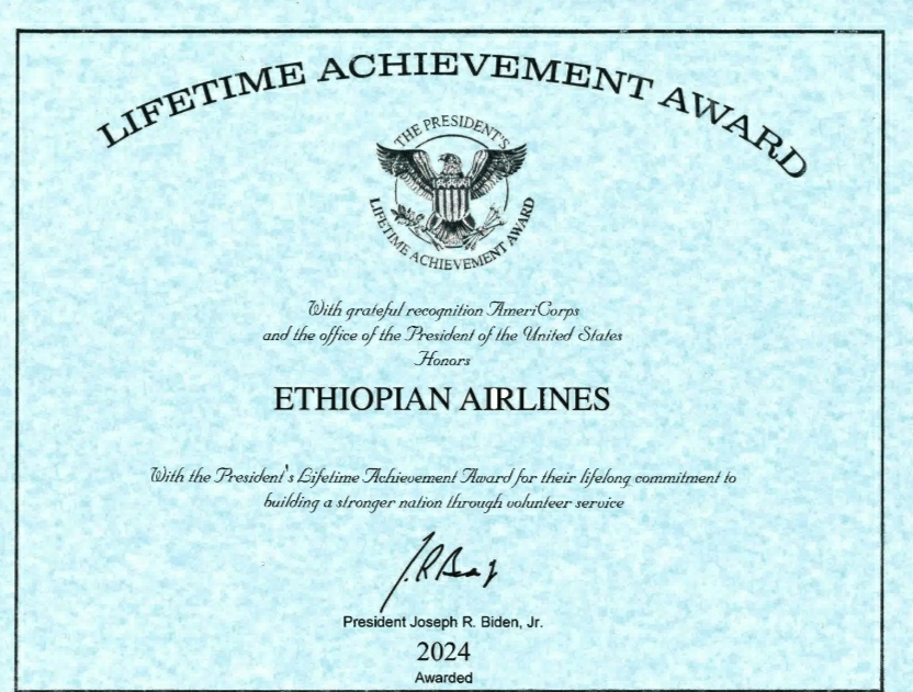 Ethiopian Airlines Receives US President’s Lifetime Achievement Award for Outstanding Service