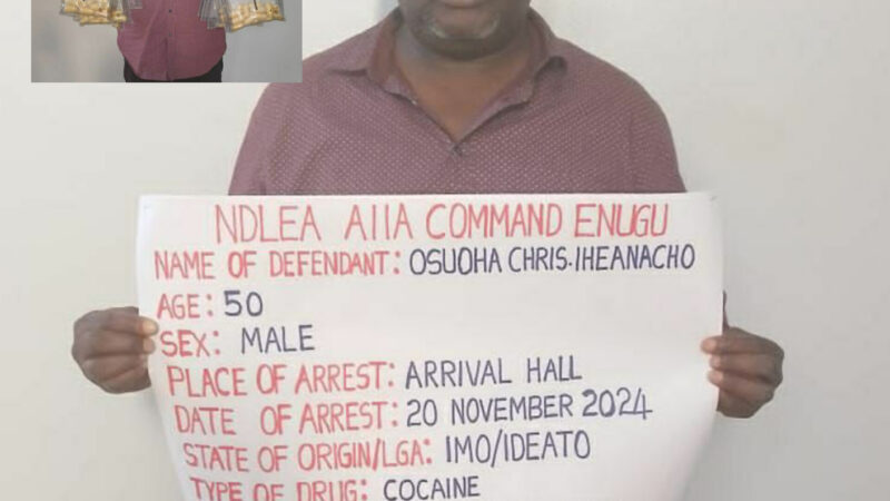 NDLEA Arrests Businessman at Enugu Airport for Ingesting 90 Wraps of Cocaine