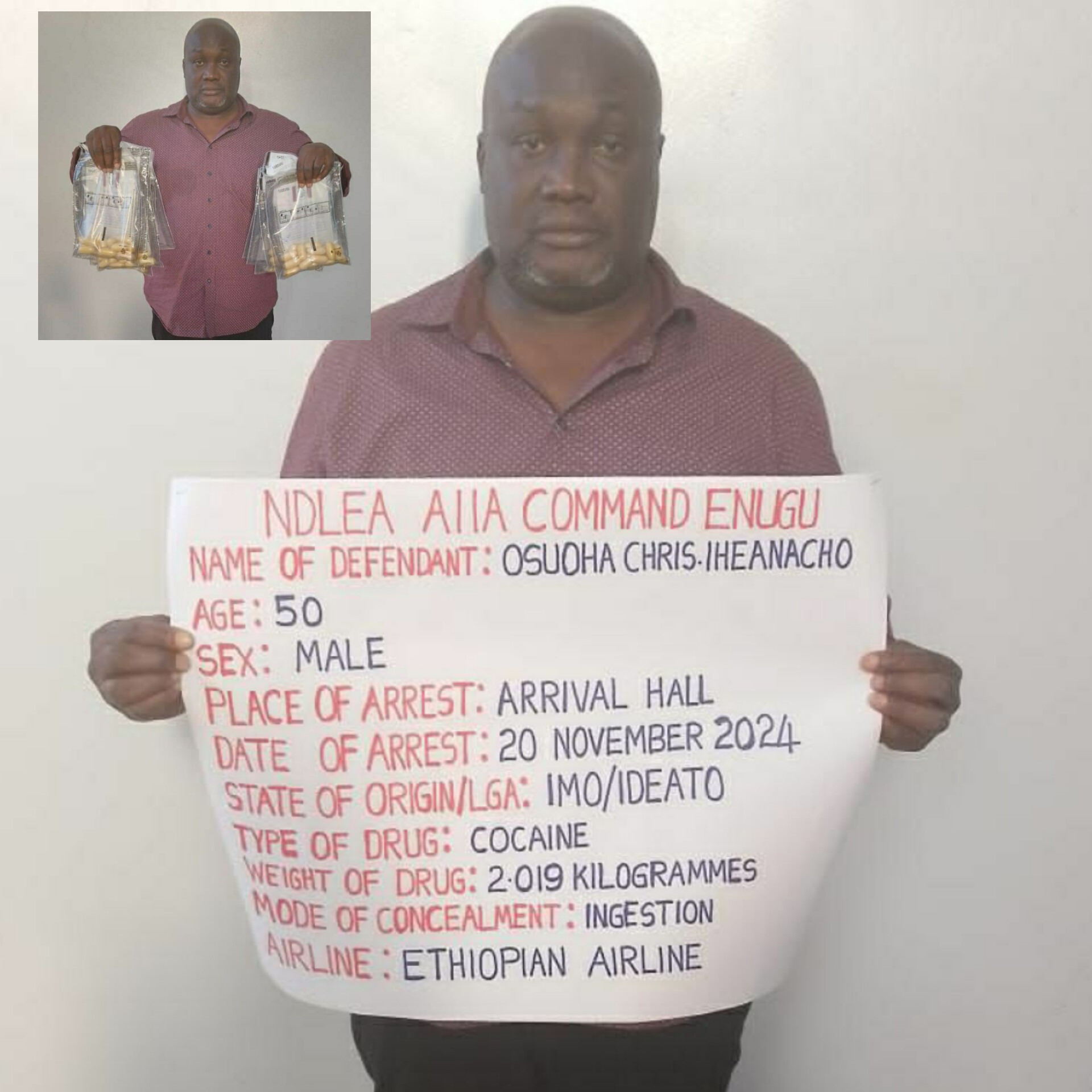 NDLEA Arrests Businessman at Enugu Airport for Ingesting 90 Wraps of Cocaine