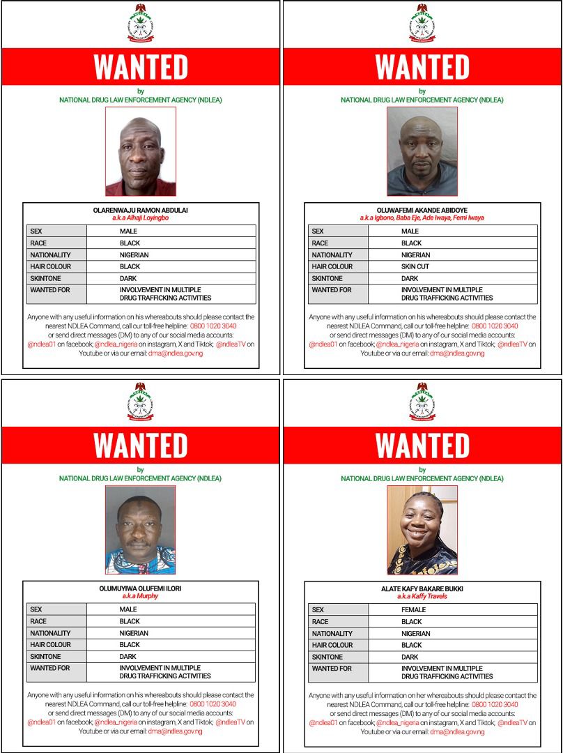 NDLEA Declares Four ‘Barryshine’ Drug Cartel Members Wanted Over Cocaine Trafficking to Saudi Arabia, Qatar