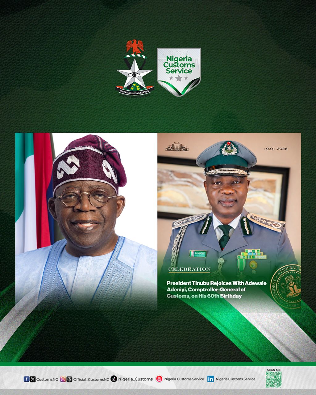 Tinubu Praises Adeniyi’s Reform Agenda as Customs Boss Marks Birthday