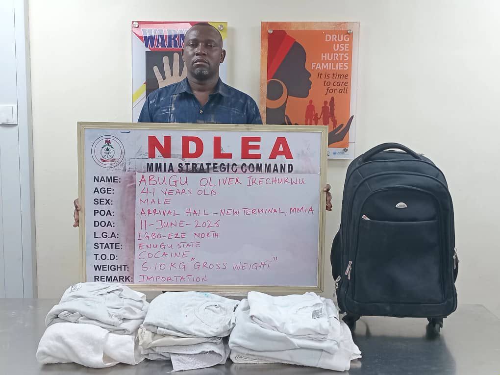 NDLEA Intercepts Businessman with 6.10kg Liquid Cocaine Concealed in Shirts and Towels from Brazil