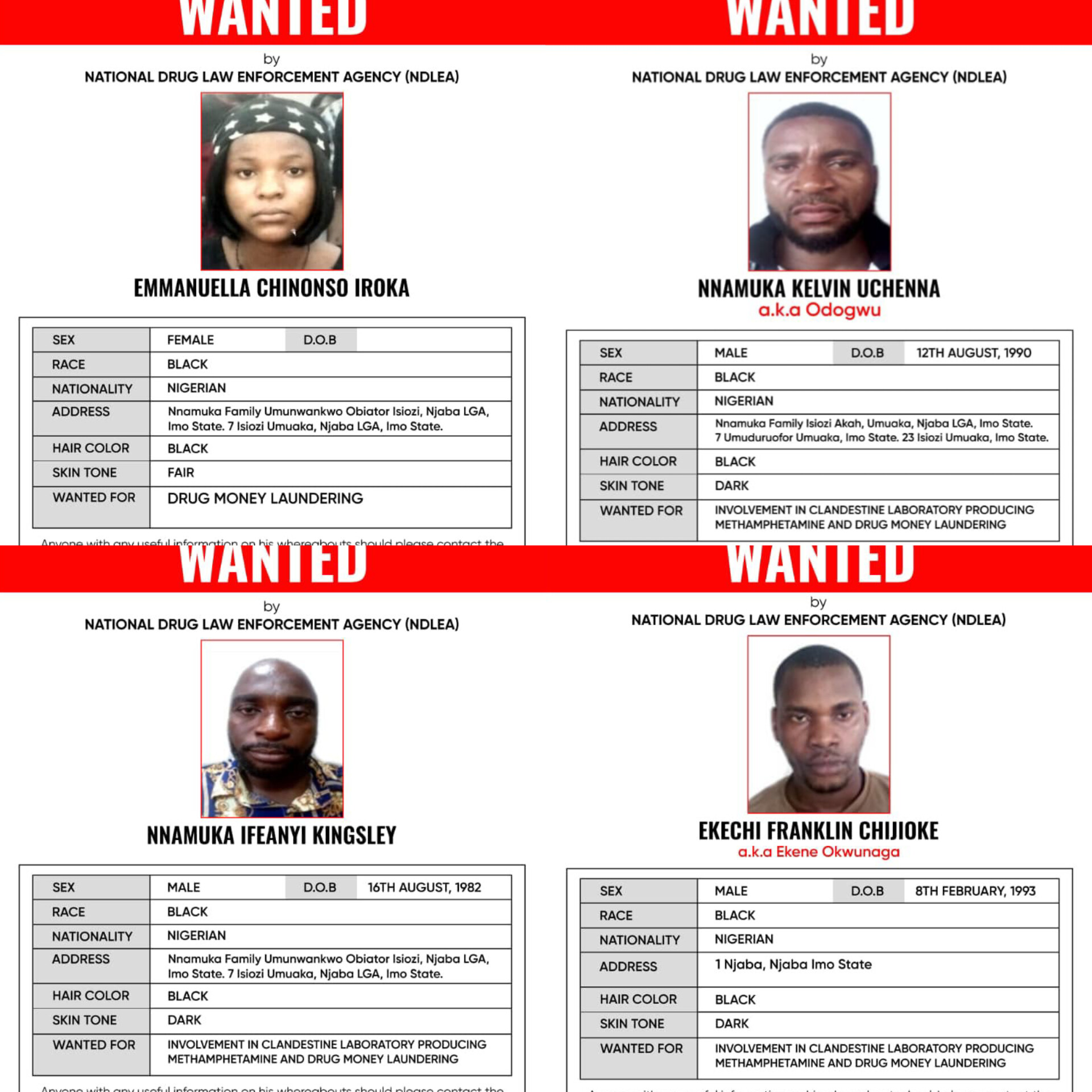 NDLEA Declares Alleged Drug Kingpin, Three Associates Wanted, Freezes N9.8bn Linked to Meth Syndicate