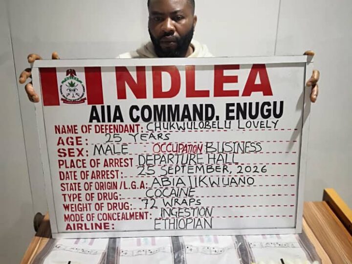 Europe-bound newlywed excretes 72 cocaine wraps at Enugu Airport