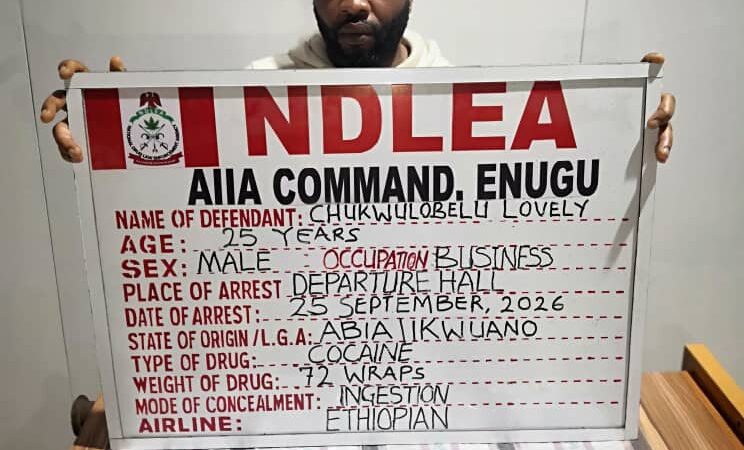 Europe-bound newlywed excretes 72 cocaine wraps at Enugu Airport