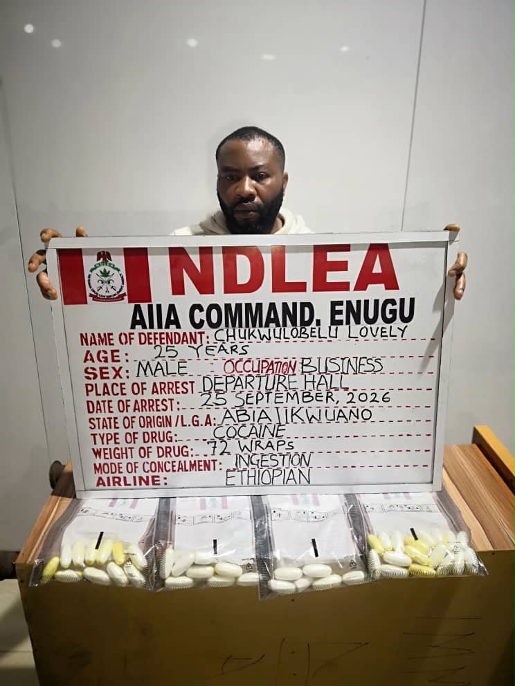 Europe-bound newlywed excretes 72 cocaine wraps at Enugu Airport